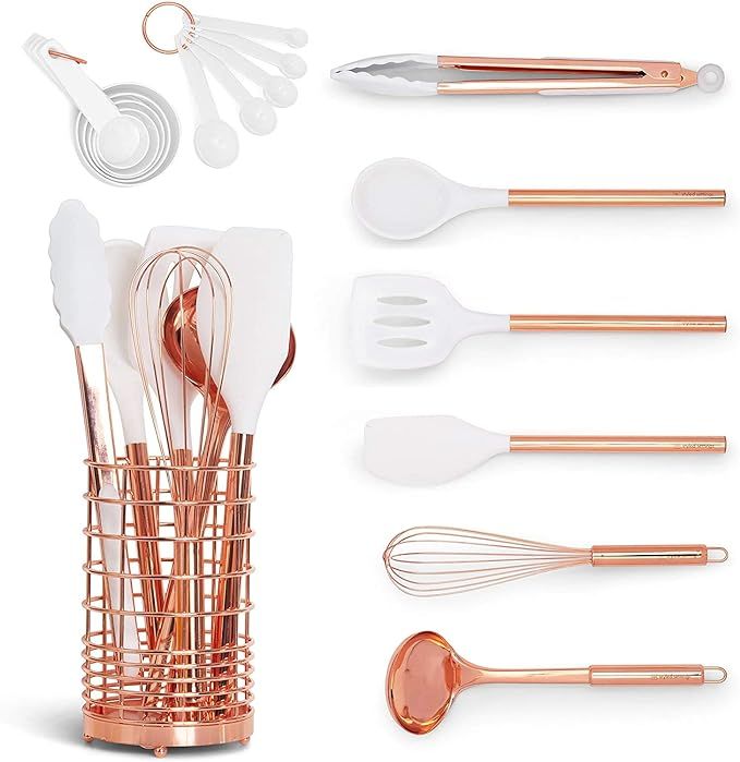 Copper & White Kitchen Utensil Set with Holder - 17-PC Rose Gold Kitchen Utensils Set includes Wh... | Amazon (US)