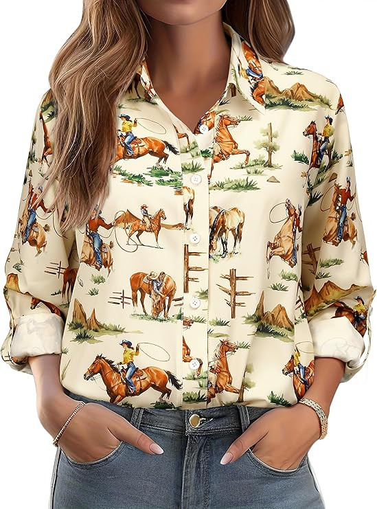 MYMORE ❷⓿❷❻ Women's Western Cowgirl Graphic Button Down Shirt Long Rolled 3/4 Sleeve Flor... | Amazon (US)