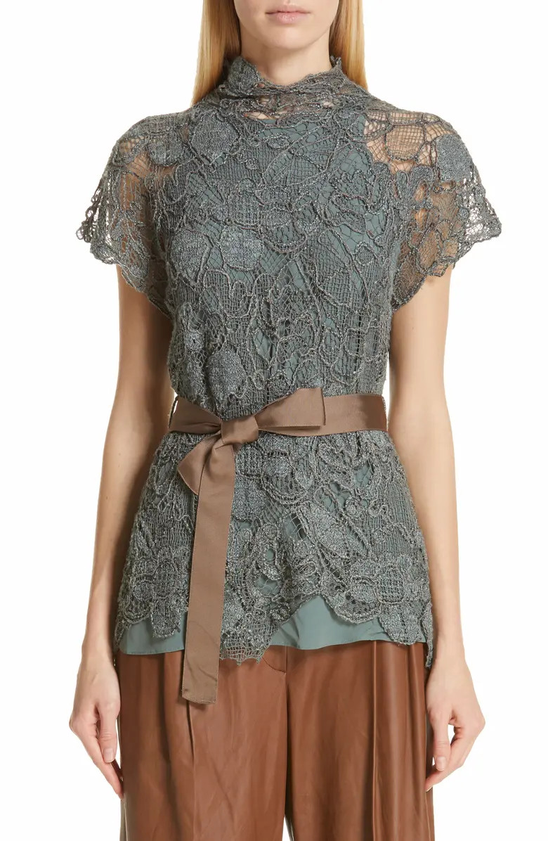 Brunello Cucinelli Monili Trim Knit Floral Lace Top | Nordstrom | Nordstrom