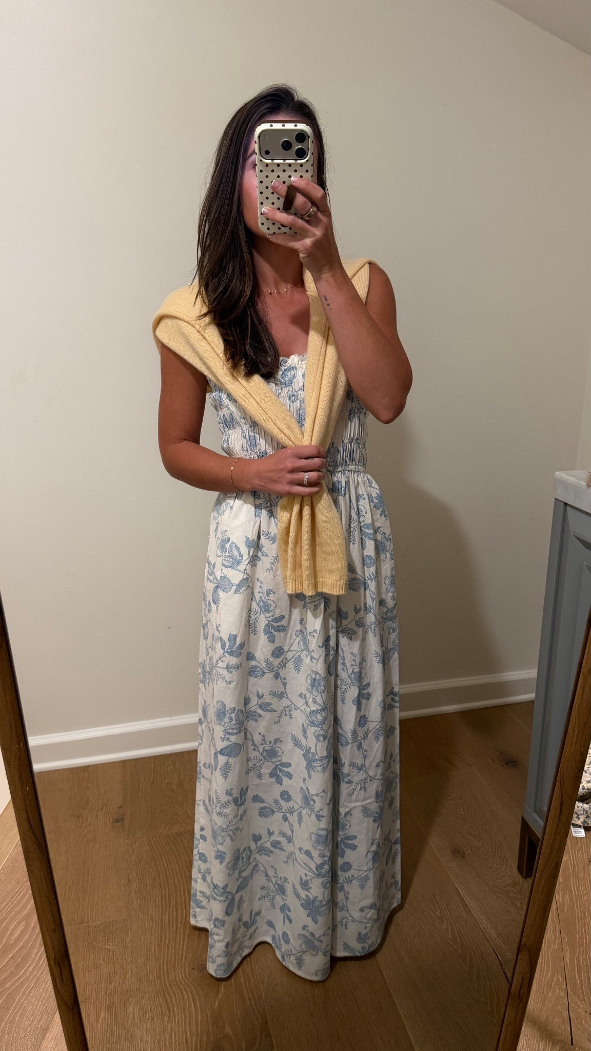 Target blue floral spring easer dress with pockets. Yellow cashmere cardigan reformation from Nordstrom 