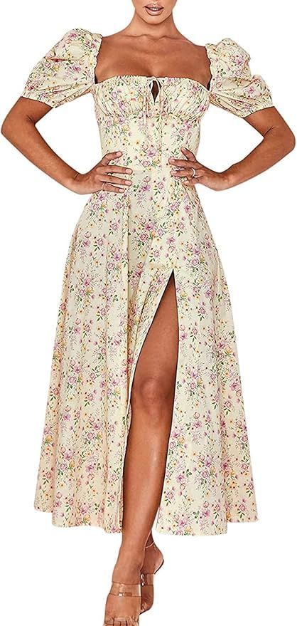 Linsery Women's Puff Sleeve Split A-Line Maxi Dress Elegant Floral Print Ruched Long Dress | Amazon (US)