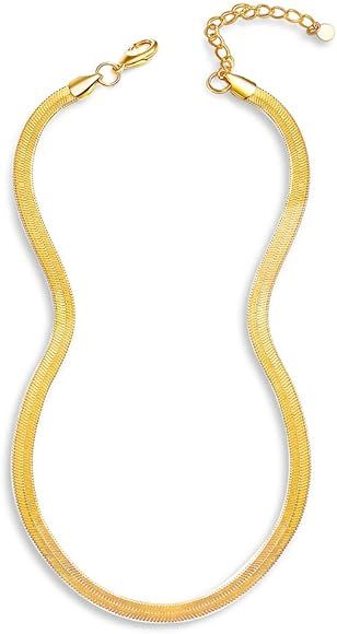 Reoxvo18K Real Gold Plated Herringbone Choker Necklace for Women Flat Snake Chain Necklace(5mm) | Amazon (US)