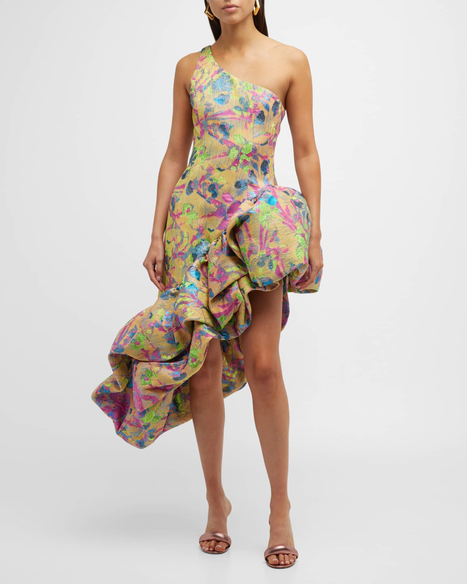 Helena One-Shoulder Ruffle Jacquard Midi Dress | Neiman Marcus