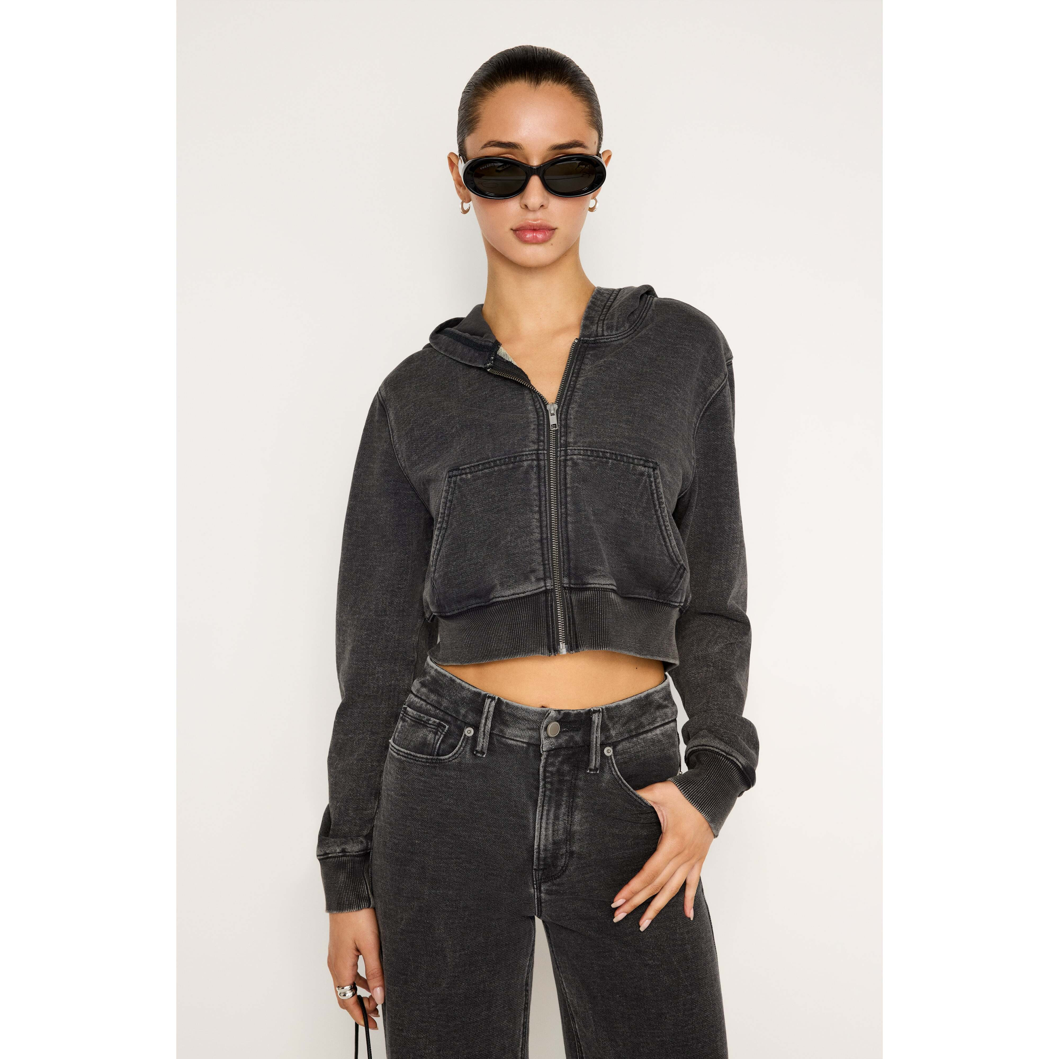 Women's Jeanius Cropped Zip Hoodie | Black, 322 Size Medium | Good American by KhloÃ© Kardashian | Good American
