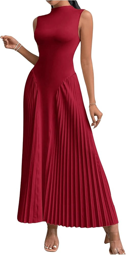 SOLY HUX Women's Maxi Dress Sleeveless Pleated A Line Mock Neck Flowy Long Dresses | Amazon (US)
