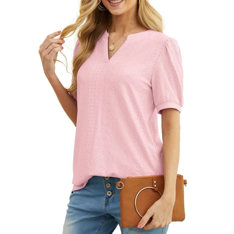 JWD Womens Shirts Casual V Neck Tshirts Puff Short Sleeve Summer Tops Tunic Blouses Pink L | Walmart (US)