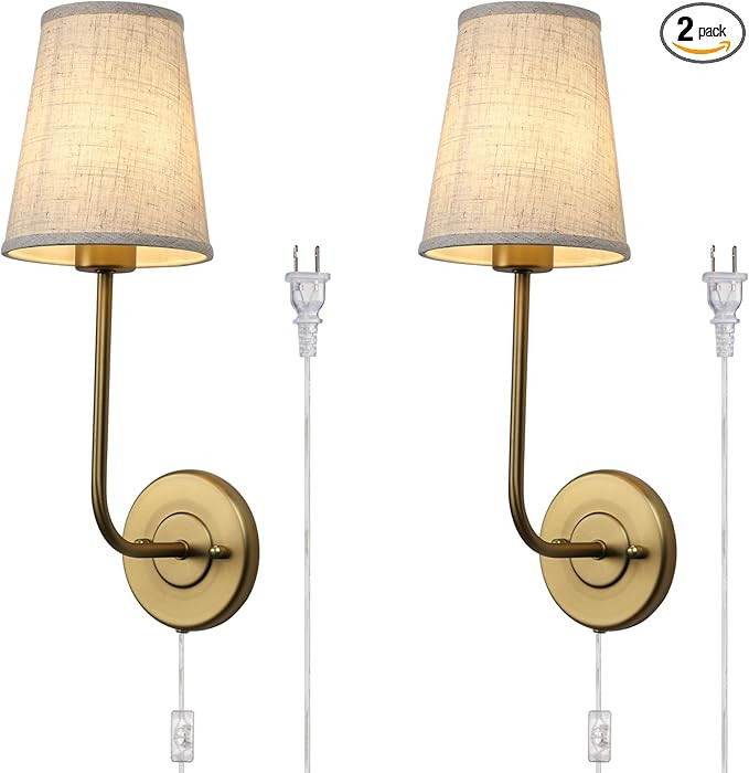 Pathson Set of 2 Plug in Fabric Wall Sconce Linen Cloth Shade, 1-Light Vintage Wall Light Fixture... | Amazon (US)