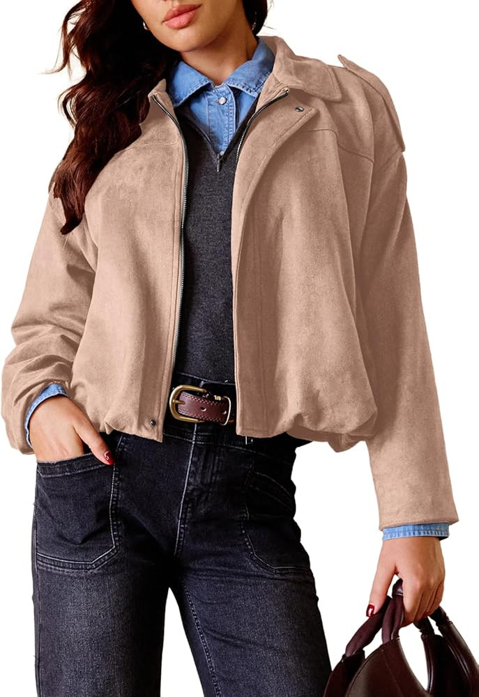 EVALESS Womens Faux Suede Bomber Jackets Long Sleeve Fall Coats Zip Up Cropped Jacket Trendy Wint... | Amazon (US)