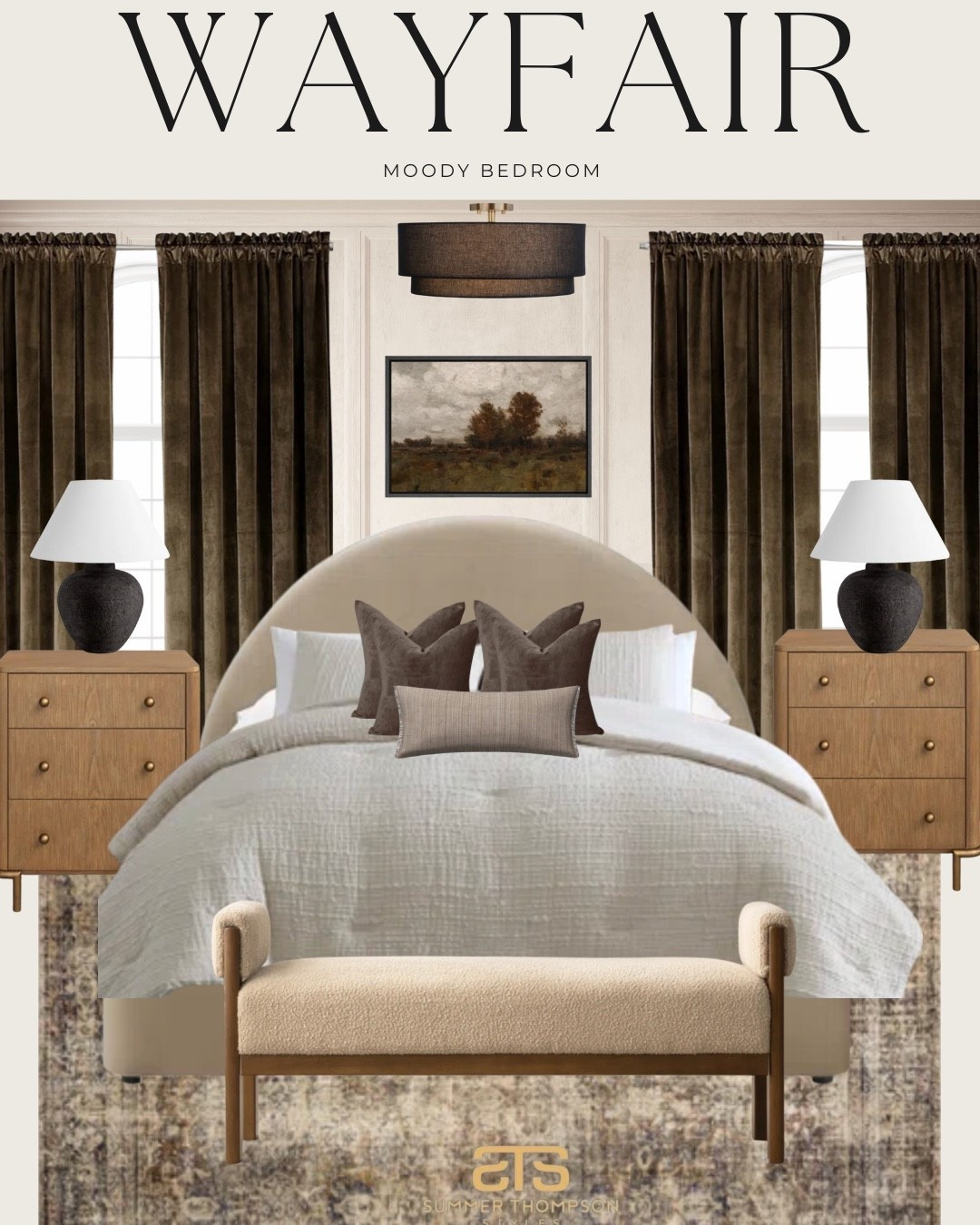 Bringing all the cozy, moody vibes with this Wayfair bedroom design! From the rich velvet curtains to the earthy tones and textured bedding, every piece was chosen to create a calm, elevated space. Love mixing warm woods with soft neutrals for that grounded yet luxe feel. 

#WayfairFinds
#WayfairBedroom
#MoodyBedroomDecor
#ModernRusticStyle
#CozyBedroomVibes
#NeutralBedroomDesign
#WayfairHome
#BedroomInspo
#EarthToneDecor
#InteriorDesignMoodboard
#WayfairDecor

#LTKStyleTip #LTKU #LTKHome #LTKU #LTKStyleTip #LTKHome