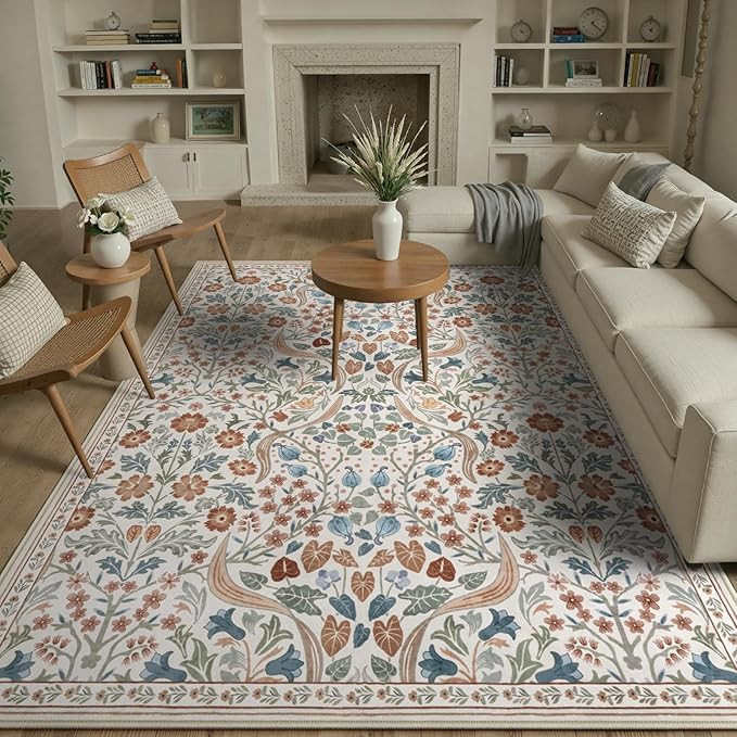 Lahome Claude Floral 8x10 Rugs for Bedroom, Washable Beige Area Rug for Nursery Playroom, Botanic... | Amazon (US)