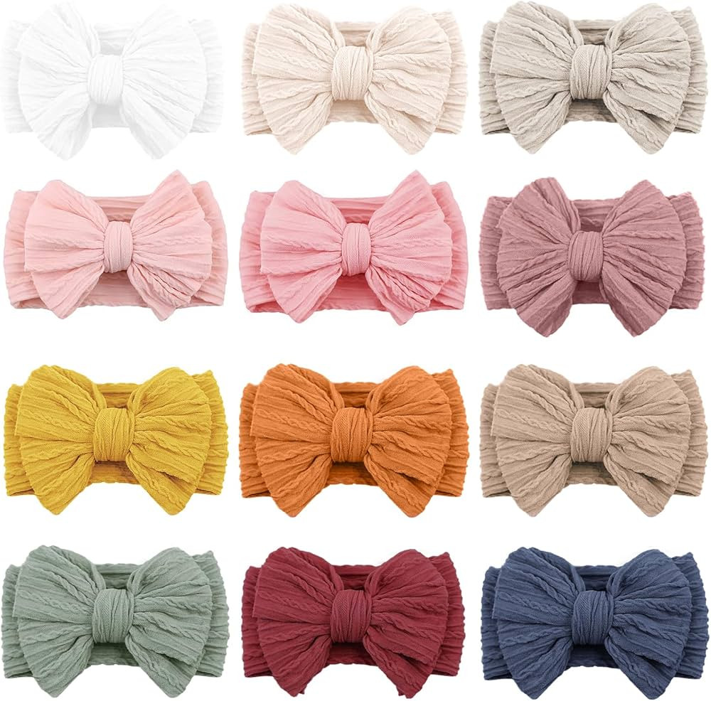 12pcs Baby Girl Bows Stretchy Soft Nylon Headbands Elastic Hair Bands with Bows For Newborn Baby ... | Amazon (US)