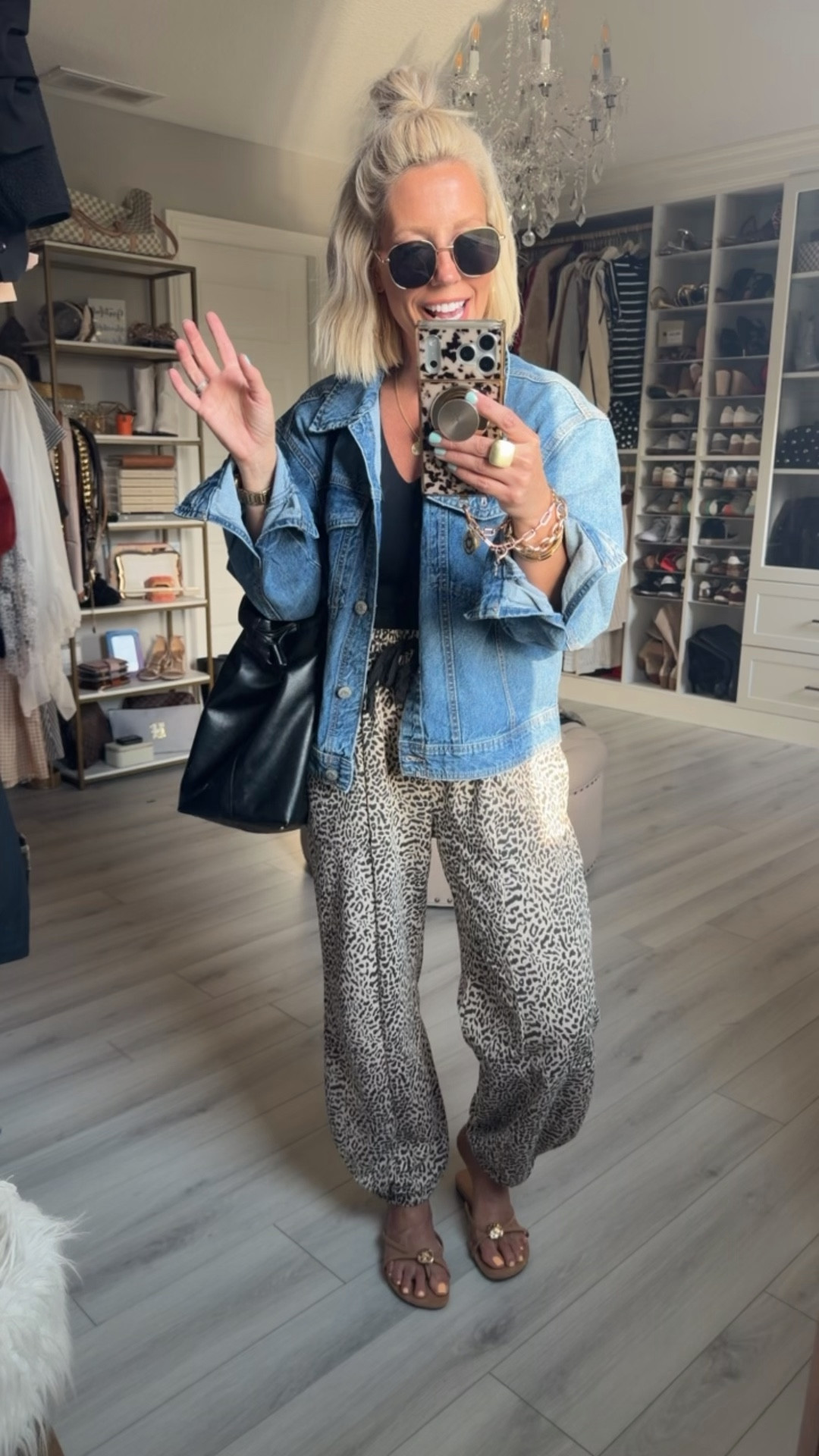 OOTD!! Love theee fun joggers that I just ordered in another color!!! My jacket is sold out but linked a new one that is very similar and I have and love it too! Runs oversized! 
⬇️⬇️⬇️
Jacket small
Pants medium
Black top medium 
Sandals sized up 1/2 size

#LTKvlog #LTKSaleAlert #LTKootd