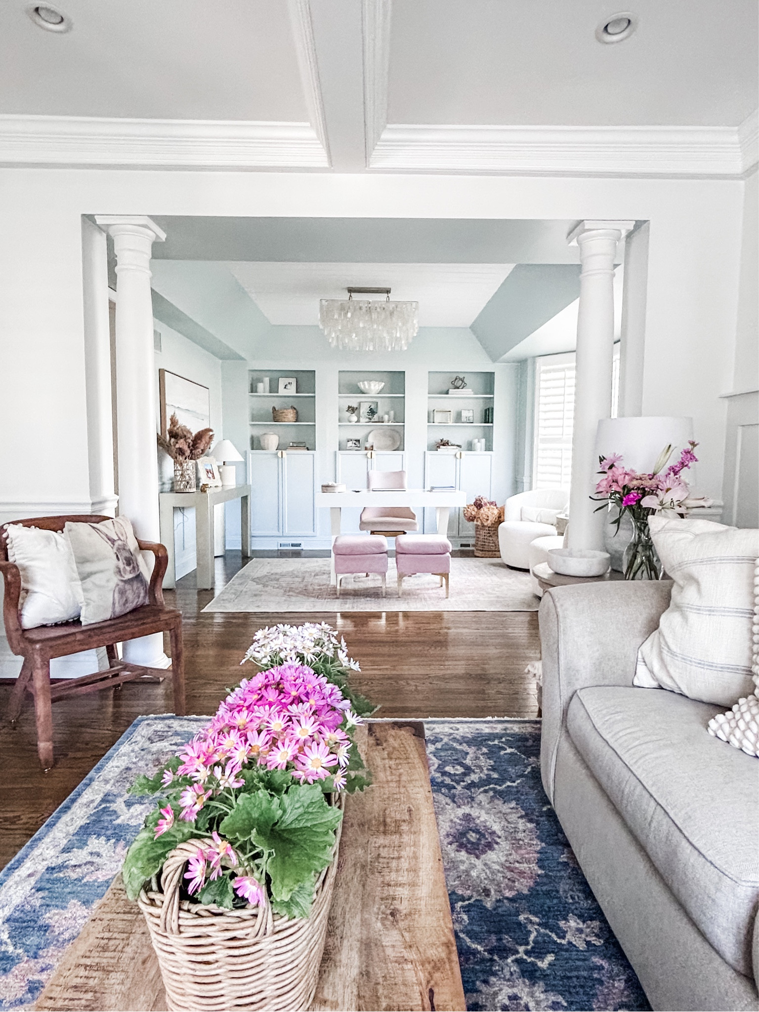 Feeling like Spring in the living room!

Wicker planter, blue area rug, floral area rug, Loloi area rug, living room rug, coastal decor, capiz shell chandelier, West Elm, Home Depot, velvet stool with gold metal legs, swivel chairs, transitional area rug, Home Office Decor, white desk. 
#livingroom #homeoffice #decor

#LTKstyletip #LTKhome #LTKFind