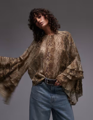 Mango snake print ruffle sleeve blouse in brown | ASOS (Global)