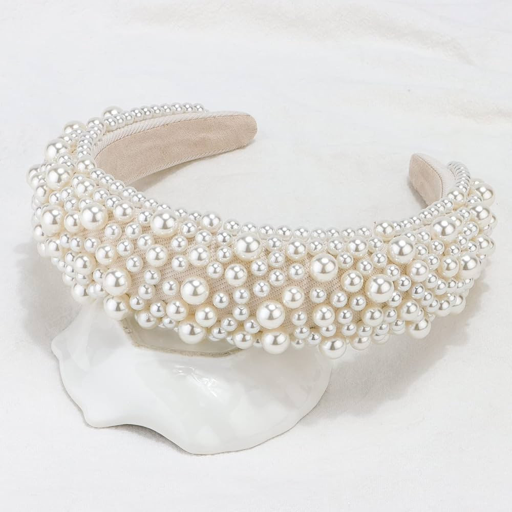 Wecoe Pearl Beaded Headband - Beige White Puffy Padded Hair Accessory for Brides, Weddings, and F... | Amazon (US)