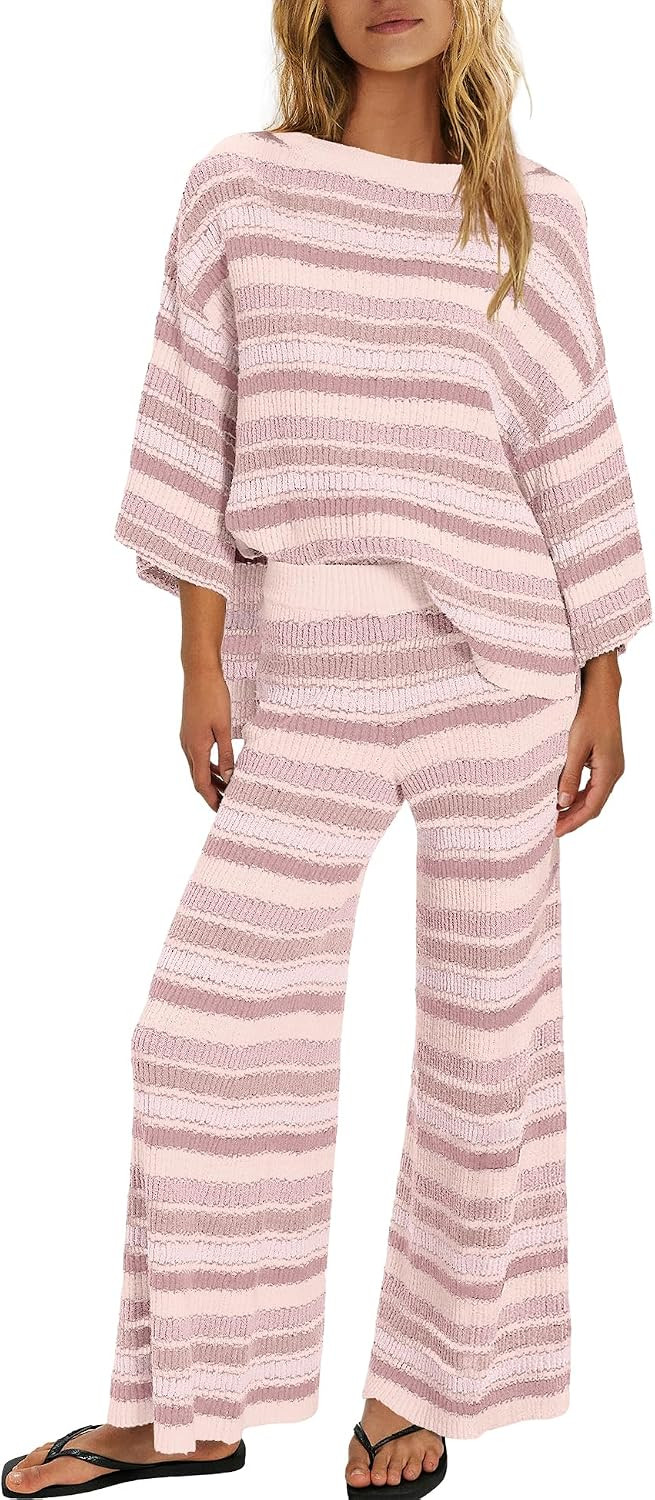 ReachMe Womens Oversized Striped 2 Piece Sets Sweater and Wide Leg Pants with Pockets Pajama Lounge Sets Casual Outfits | Amazon (US)