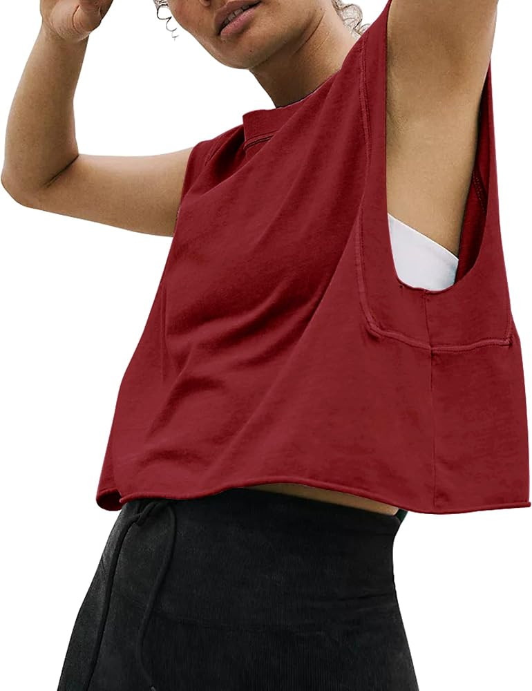 HUGOOME Women Workout Tank Tops Oversized Crop Sleeveless Tee Loose Fit Boxy Basic Yoga Active Su... | Amazon (US)