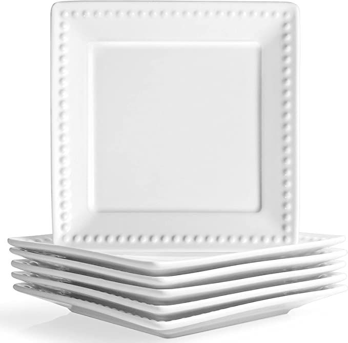 Wareland Bright White Embossed Dots Square Dessert Plates Set of 6, Ultra-fine Porcelain 6 inch A... | Amazon (US)
