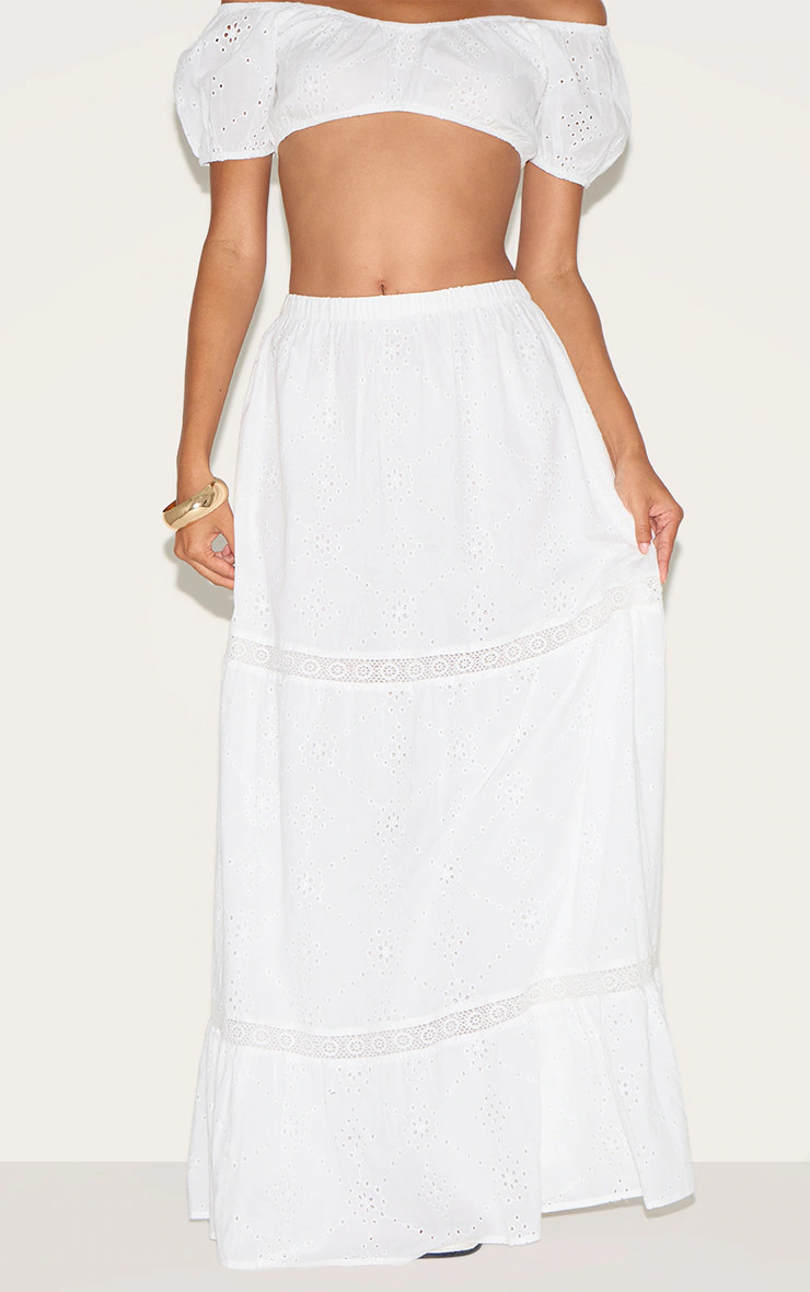 White Broderie Floaty Maxi Skirt | Co-ords | PrettyLittleThing UK