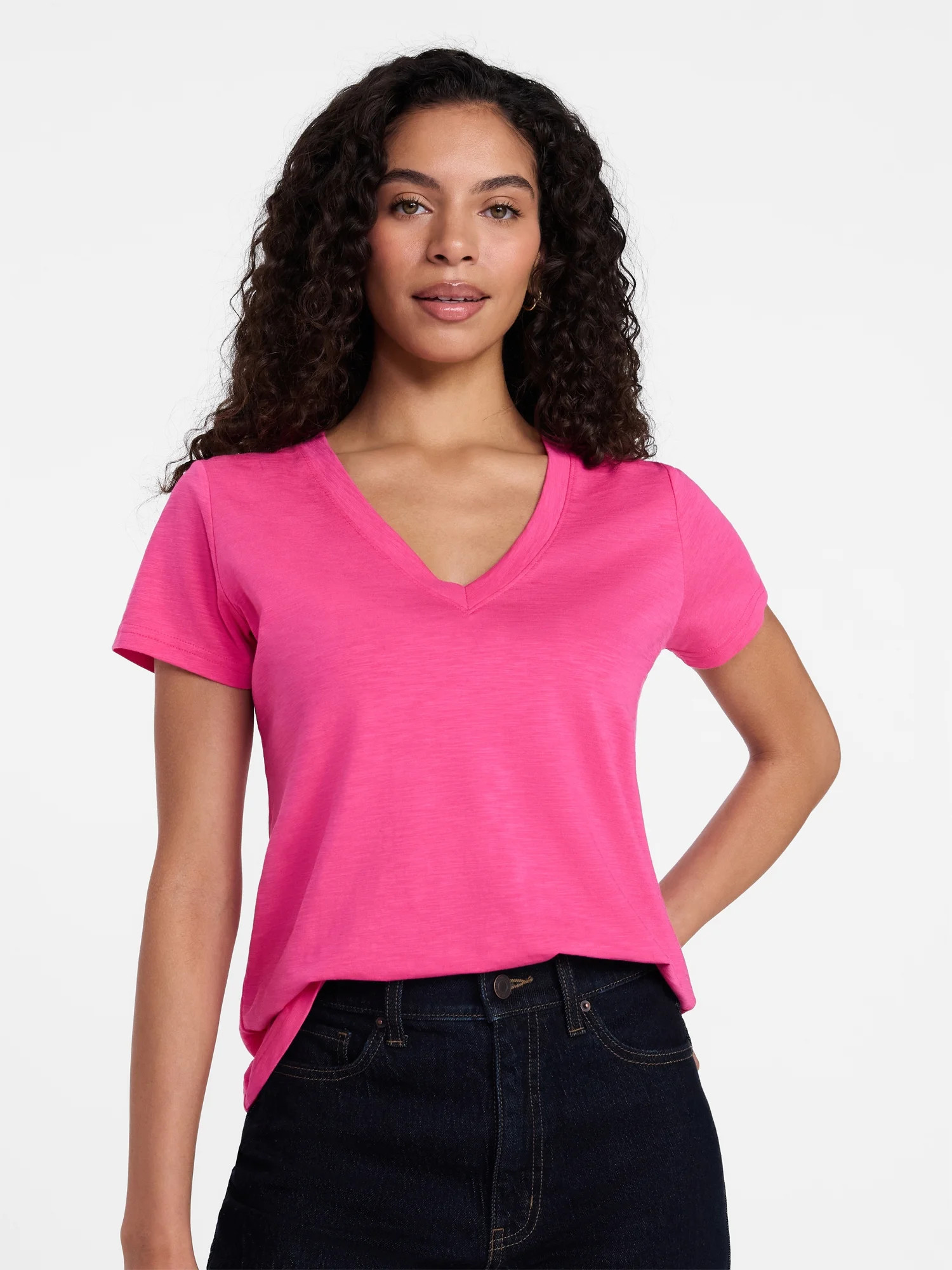 Time and Tru Women's Slub V Neck Tee with Short Sleeves, Sizes XS-XXXL | Walmart (US)