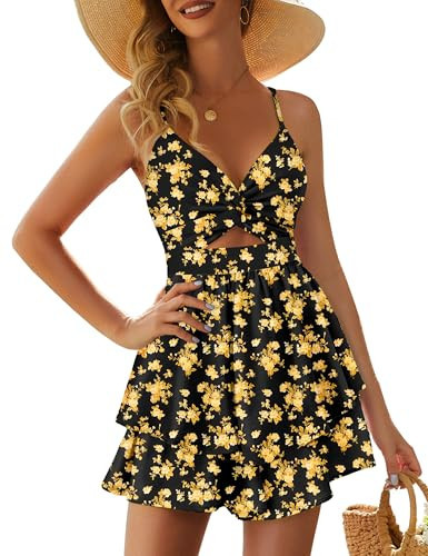 AGERWAY Rompers for Women Jumpsuits for Women Dressy Casual Sexy V Neck Twist Spaghetti Straps Back Tie Summer Jumpsuit Floral Shorts Romper Dress Black M | Amazon (US)