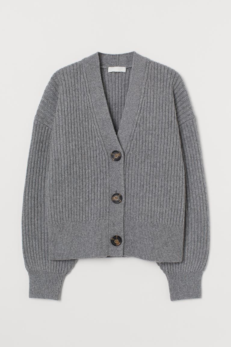Boxy, long-sleeved cardigan in soft, rib-knit fabric with wool content. V-neck, buttons at front,... | H&M (US)
