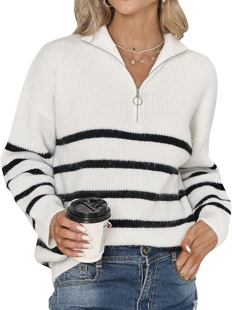LANISEN Striped Sweater Women’s Half Zip Long Sleeve Knitted Pullovers Casual Loose Jumper Tops | Amazon (US)