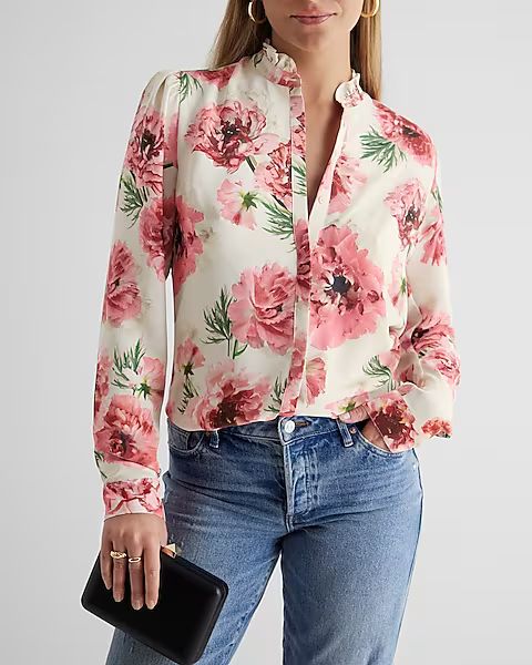 Floral Print Ruffle Neck Relaxed Portofino Shirt | Express