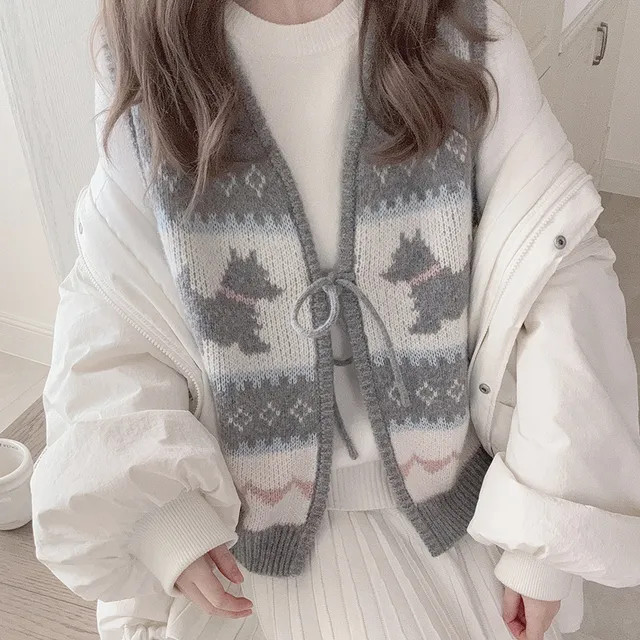 Glotto - V-Neck Dog Jacquard Tie Front Sweater Vest | YesStyle.com