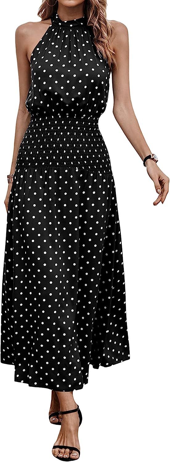 MASCOMODA Women Summer Boho Halter Neck Maxi Dress Smocked Floral Sleeveless Flare Flowy Long Bea... | Amazon (US)