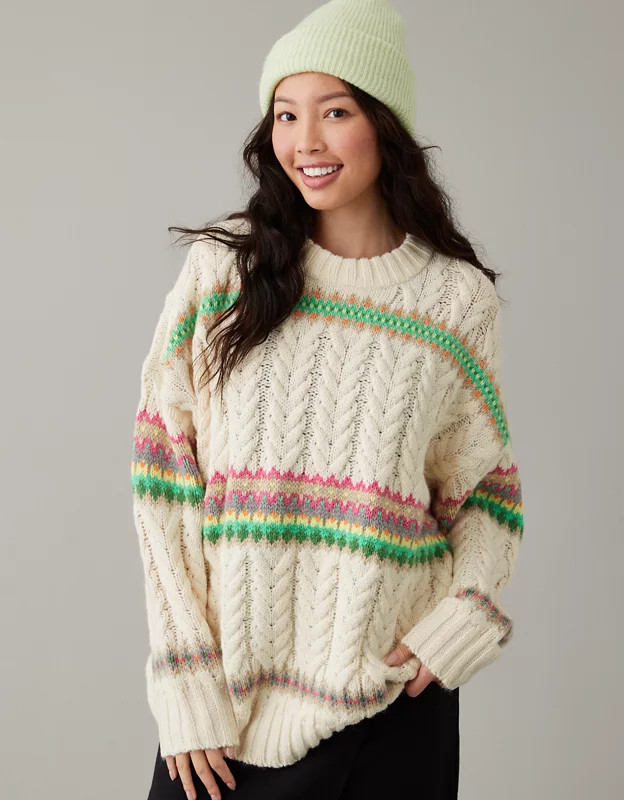 AE Cable-Knit Fair Isle Sweater | American Eagle Outfitters (US & CA)