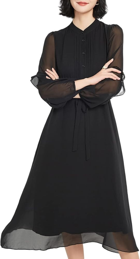 Women's Dress Solid 100% Silk Button-Up Waist Everyday Casual Beach School Shirt Dress | Amazon (US)