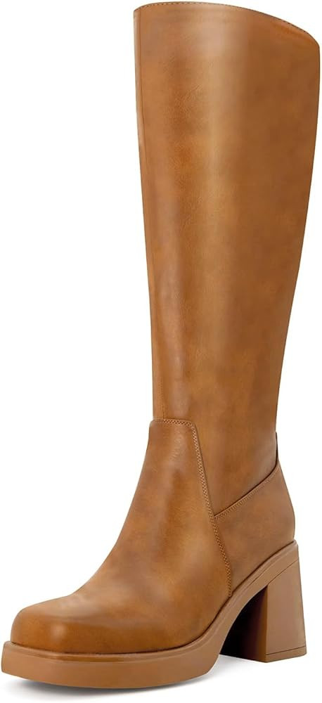 Knee High Boots for Women Square Toe Tall Boots Chunky Heeled Fashion High Boots with Side Zipper | Amazon (US)