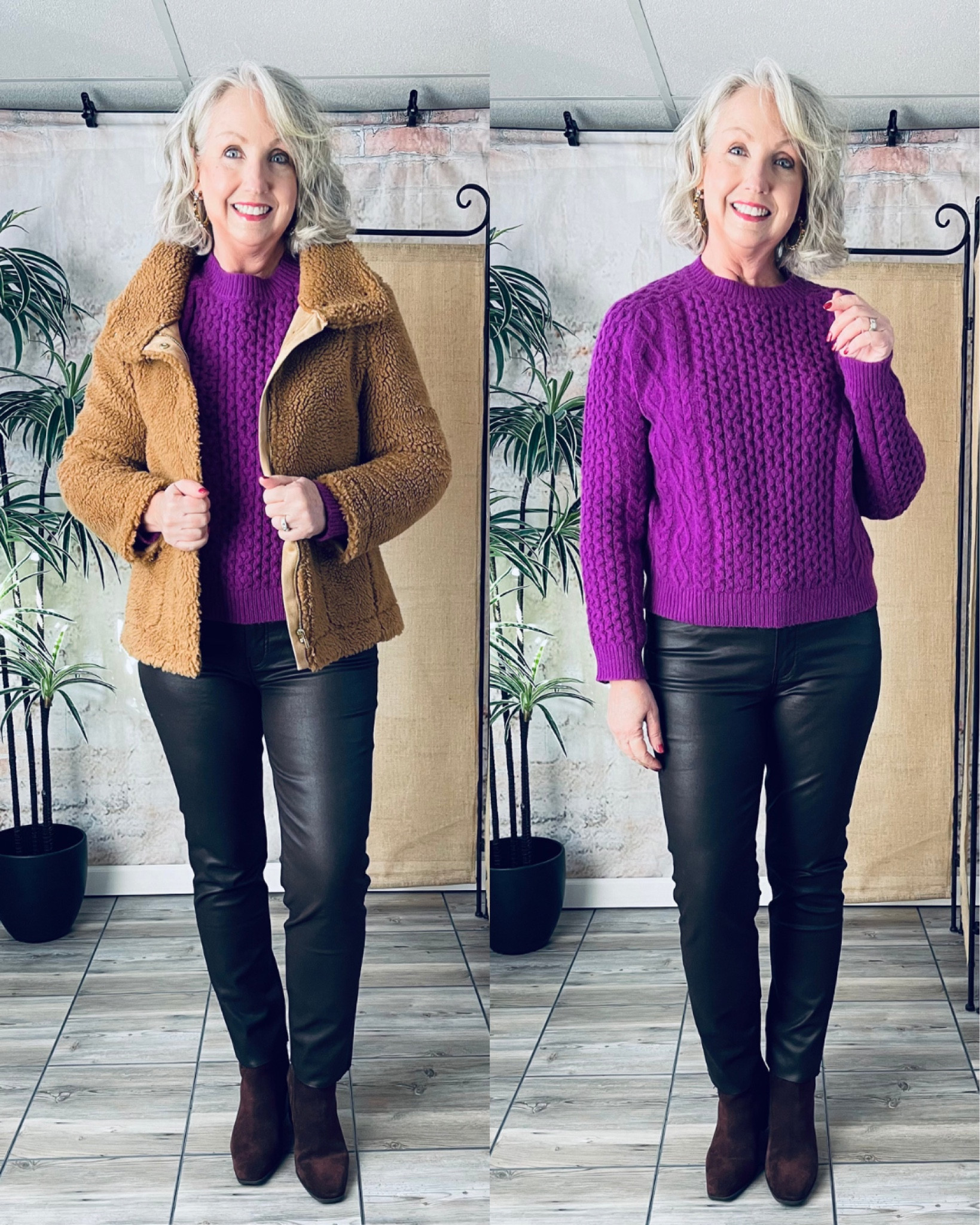 A beautiful pop of color from this purple cable sweater. I've paired this top with fun leather pants and I'm loving the look! 

#LTKstyletip #LTKSeasonal #LTKHoliday