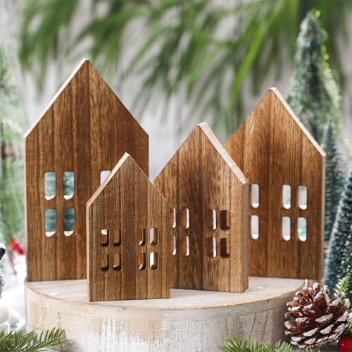 Yousoontic 4 Pcs Christmas Wooden Houses Tiered Tray Decor Wooden Block Farmhouse Table Centerpieces Rustic Wood Block Sign for Home Office Shelf Table Fireplace Xmas Decor(Wood Color) | Amazon (US)