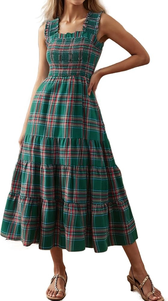 Women Plaid Maxi Dress Casual Square Neck Sleeveless Flowy Dress Christmas Checkered Backless Ruf... | Amazon (US)