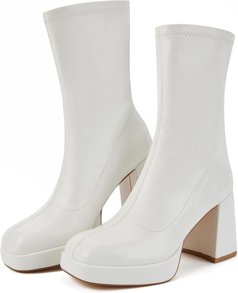 Putu Platform Boots for Women,GoGo Boots,Square Toe Sock Boots Chunky Heel Ankle Boots Pull on Bo... | Amazon (US)