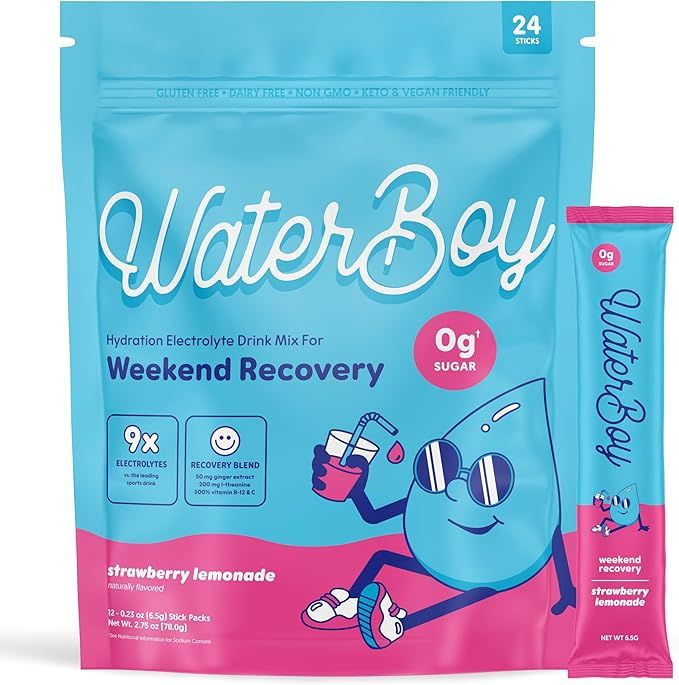 Waterboy Weekend Recovery | 3,200mg Electrolyte Powder Packets | Ginger + L-Theanine + Vitamins |... | Amazon (US)