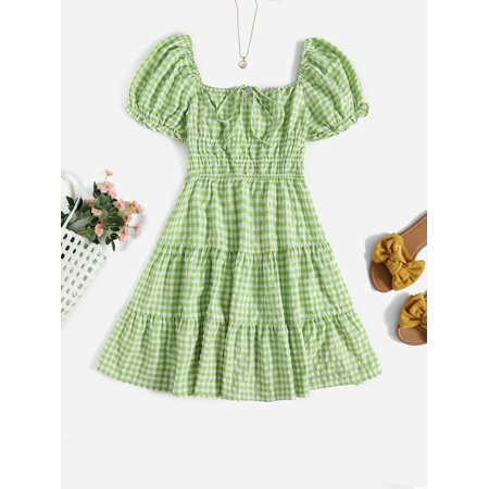 Lime Green Women s Plus Size Puff Sleeve Tie Front Ruffle Hem Gingham Dress Boho 0XL(12) S2022009D | Walmart (US)