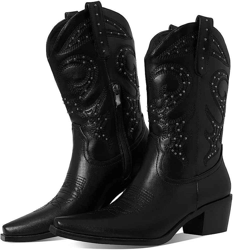 MeiLuSi Cowgirl Cowboy Boots for Women Embroidered Cowboy Boots Studded Western Boots Size Zipper | Amazon (US)