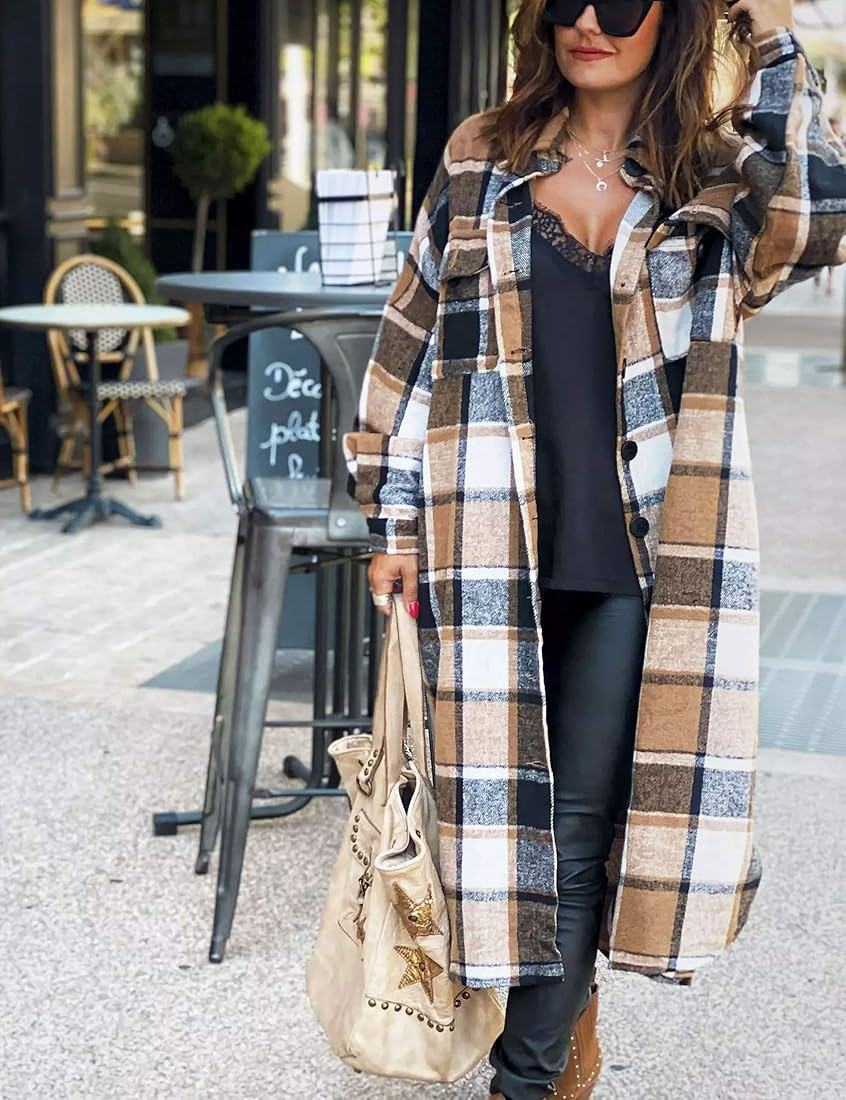 Himosyber Women's Casual Plaid Lapel Woolen Button Up Pocketed Long Shacket Coat | Amazon (US)