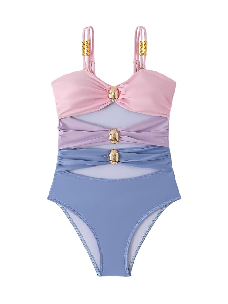 Verdusa Women's Sexy One Piece Swimsuit Ruched Cut Out Color Block Swimwear Bathing Suit | Amazon (US)