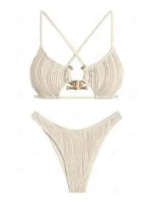 ZAFUL Women\'s Cut Out Criss Cross Textured Metal Hardware O Ring High Leg Cheeky Bikini Set Swim... | ZAFUL (Global)