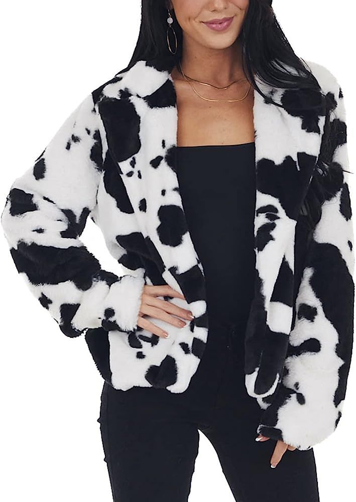 FAVIPT Women Winter Coats Cow Print Long Sleeve Fluffy Faux Fur Warm Coat Fashion Thickened Open ... | Amazon (US)