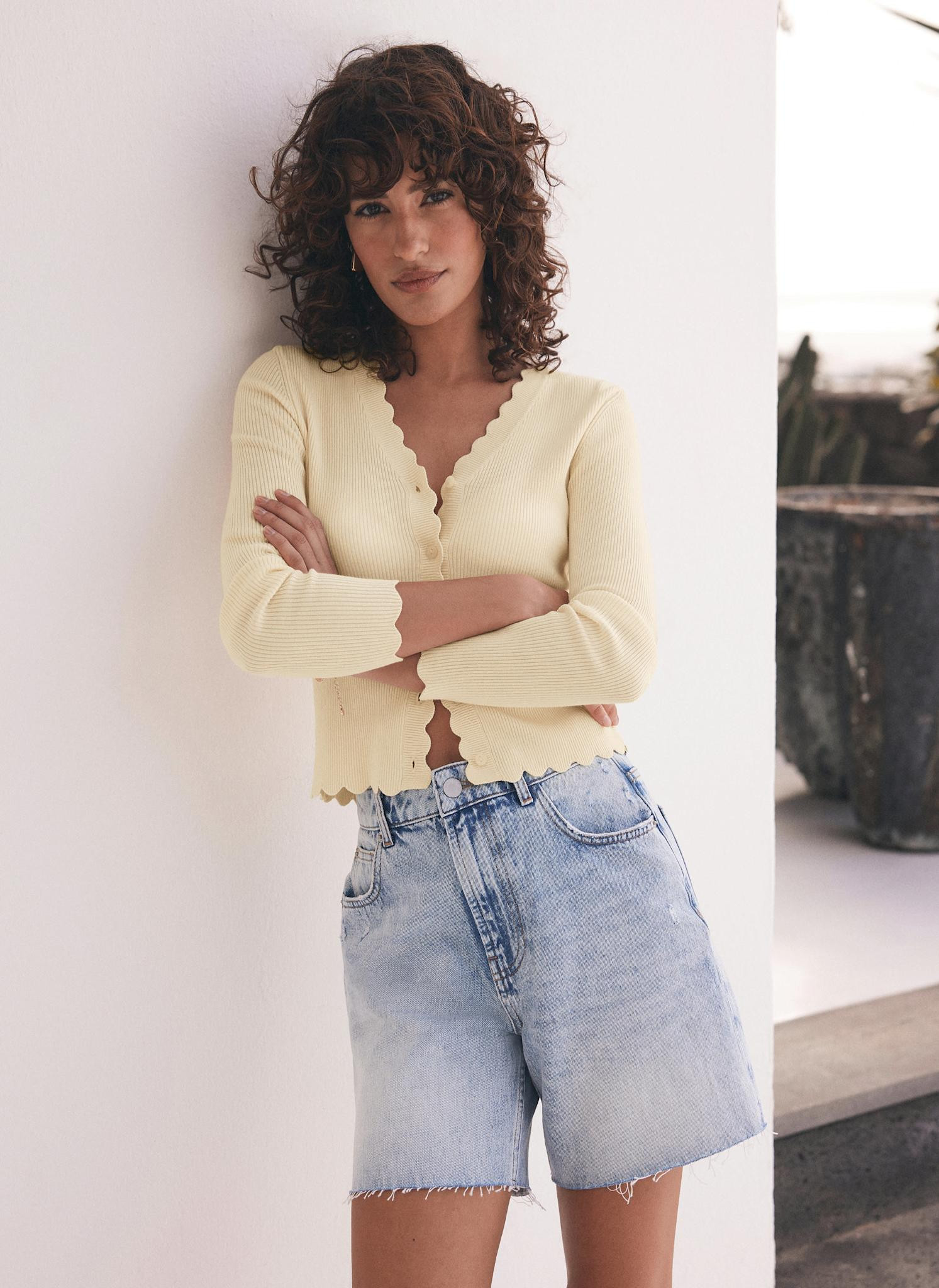 Yellow Scallop Trim Ribbed Cardigan | Mint Velvet