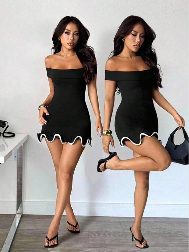 SHEIN PETITE Round Neck Ruffle Hem Versatile Mini Dress, Women's Cocktail Party Dress, Women's Short Dress, Business Casual Women's Dress, Women's Knit Mini Skirt, Suitable For Indoor Or Outdoor Casual Nights, Fitted To Body Curves, Comfortable Fit, Elegant Black Dress, Women's Party Dress, Western Style Women's Dress, Elegant Dress.Going Out Outfit,Sexy, Formal Dresses For Women,Vacation, Sexy,Dresses For Women Party | SHEIN