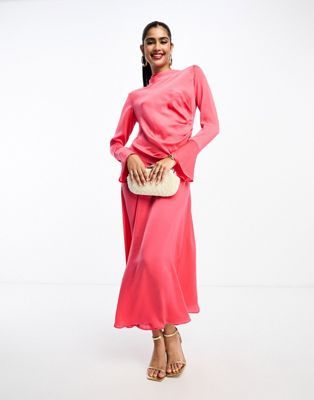 ASOS DESIGN ruched side cowl neck maxi dress with asymmetric tier in hot pink | ASOS (Global)