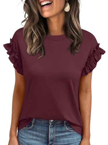 AUTOMET Womens Summer Trendy Tops Business Casual Short Sleeve Tshirts 2026 Cute Dressy Ruffle Crewneck Fashion Work Outfits WineRed XXL | Amazon (US)