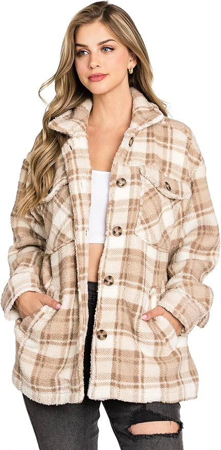 Love Tree Women's Cozy Soft Sherpa Teddy Coat Plaid Shacket | Amazon (US)