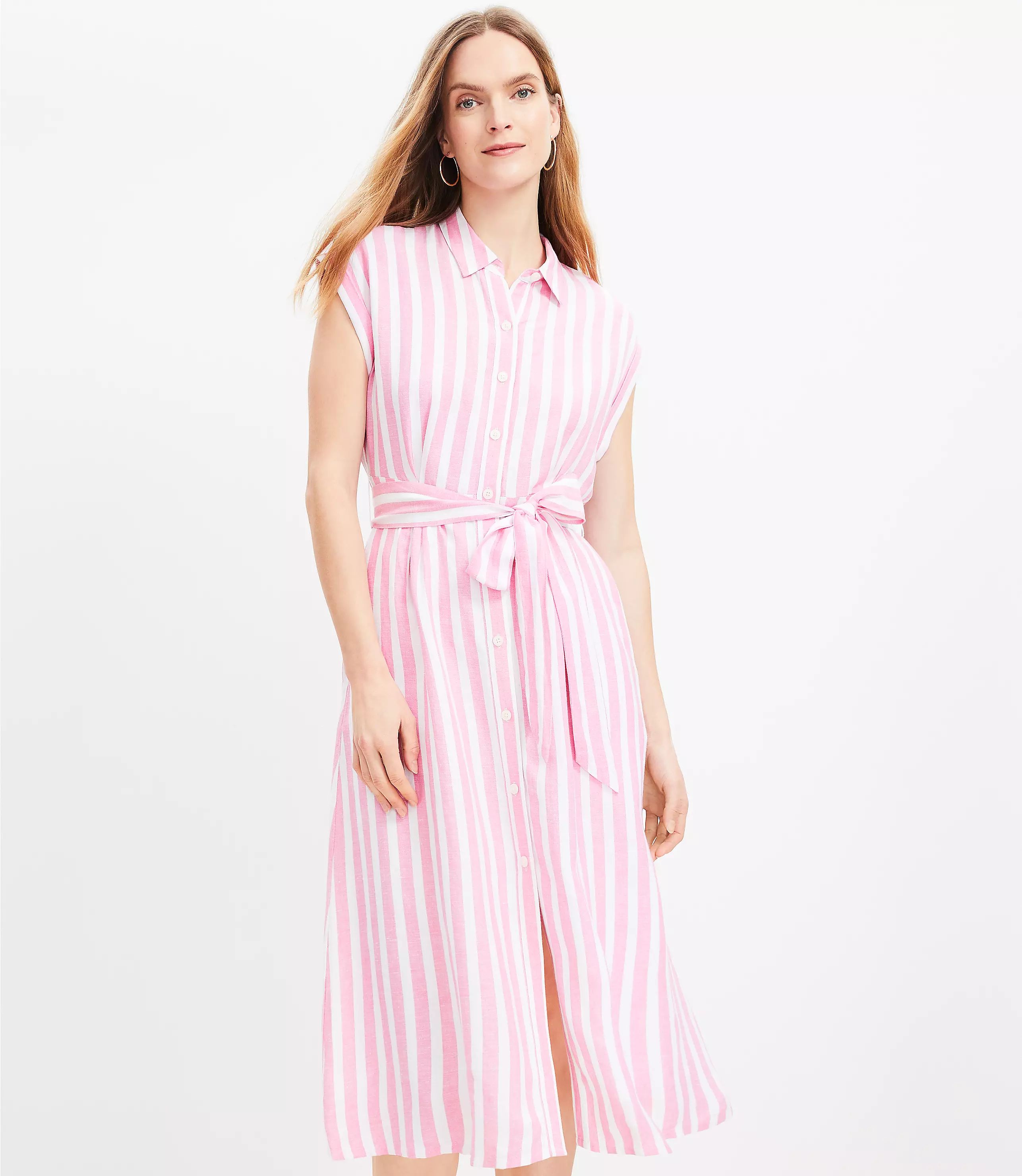 Petite Poppy Stripe Linen Blend Pocket Midi Shirtdress | LOFT